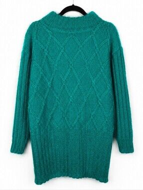 Vintage 80s Mohair Teal Cable Knit Oversized Sweater M Eclectic Grandpa Cozy